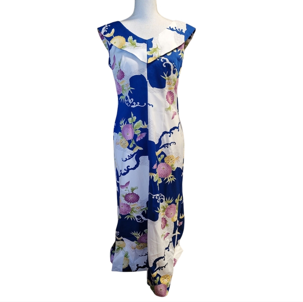 Vintage Paradise Hawaii Maxi Dress Size 10 Floral Blue White Made in Honolulu